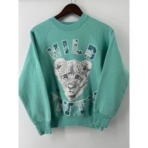 Vintage Mammoth Mountain Wild Kitty Graphic Sweatshirt Teal Green Mens Medium